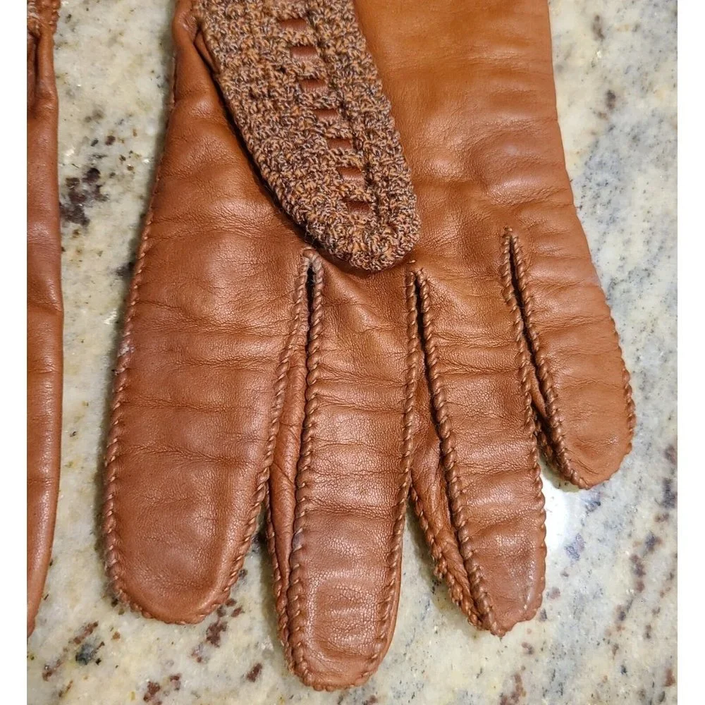 Vintage Size M 7 Brown Leather And Knit Handmade Gloves Hammer Of Hollywood